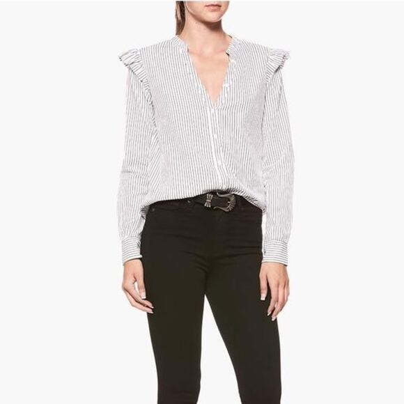 Paige Jenelle Collarless Ruffle Stripe Button Up Shirt Small Corpcore Neutral - Picture 2 of 7